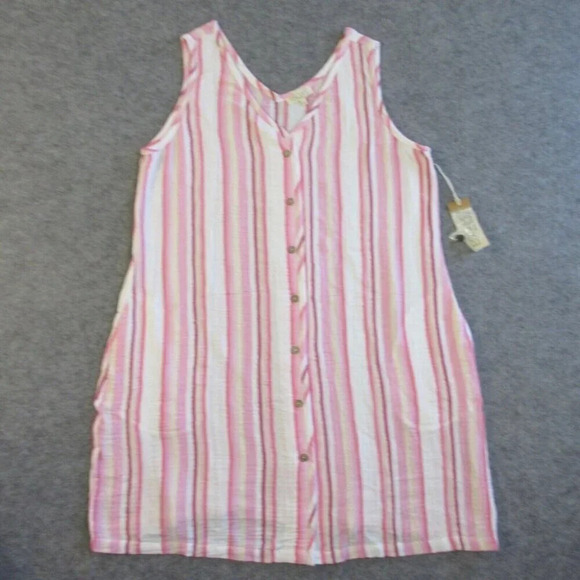 Habitat Mini Dress L Pink Gauze Button  Stripe Cotton Beach Casual Pockets 206 - Picture 1 of 14